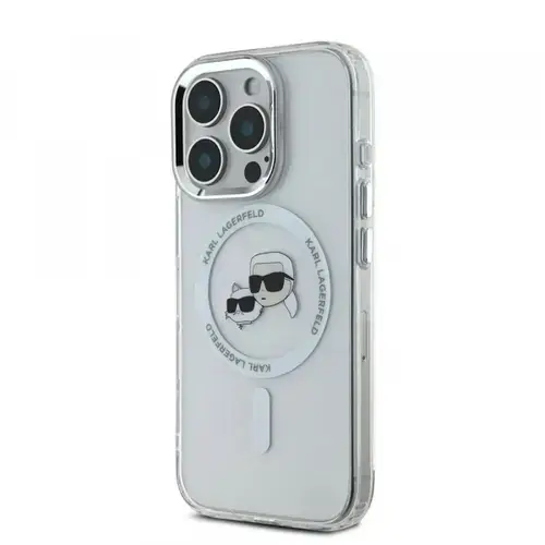 Husa MagSafe pentru Apple iPhone 16 Pro, Karl Lagerfeld, IML Metal Karl & Choupette's Heads, Alba