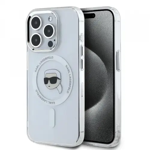 Husa MagSafe pentru Apple iPhone 16 Pro, Karl Lagerfeld, IML Metal Karl's Head, Alba