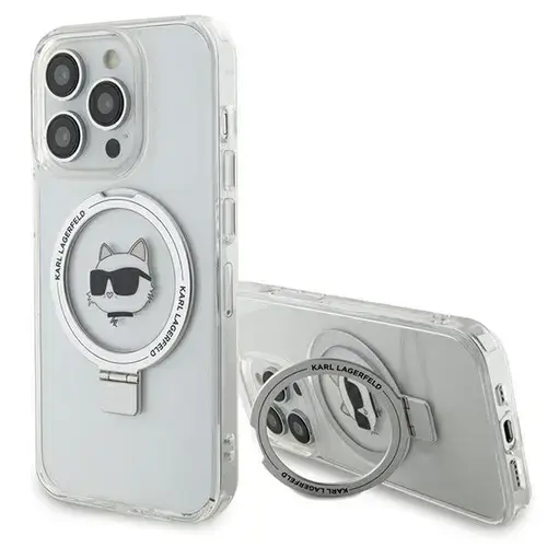 Husa MagSafe pentru Apple iPhone 15 Pro Max, Karl Lagerfeld, Ring Stand Choupette's Head, Alba
