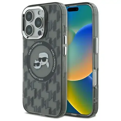 Husa MagSafe pentru Apple iPhone 16 Pro, Karl Lagerfeld, IML Monogram Karl & Choupette's Heads, Neagra