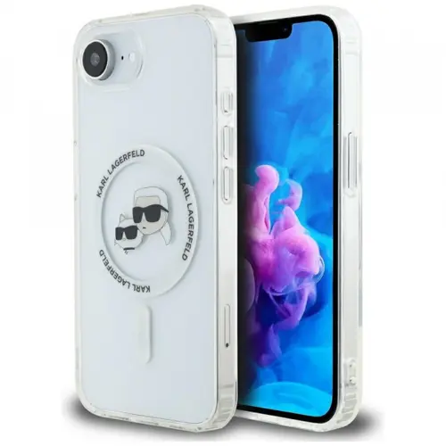 Husa MagSafe pentru Apple iPhone 16e, Karl Lagerfeld, IML Metal Karl & Choupette's Heads, Alba