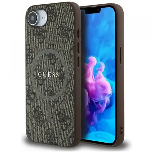 Husa MagSafe pentru Apple iPhone 16e, Guess, 4G Ring Classic Logo, Maro