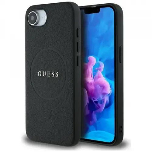 Husa MagSafe pentru Apple iPhone 16e, Guess, Grained Gold Ring, Neagra