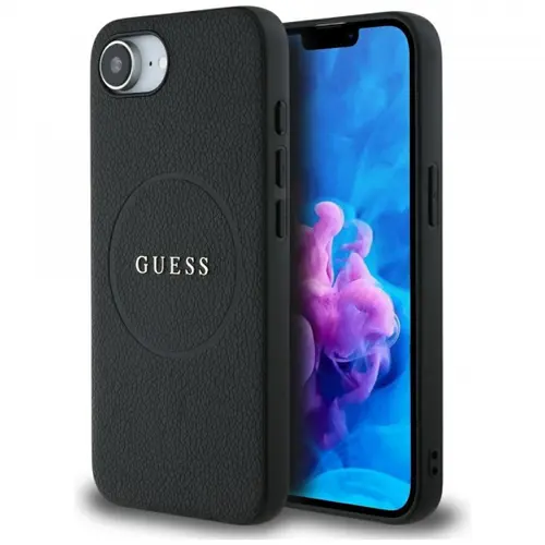 Husa MagSafe pentru Apple iPhone 16e, Guess, Grained Gold Ring, Neagra