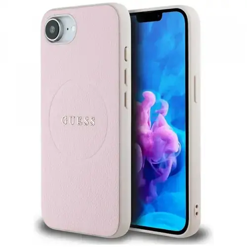 Husa MagSafe pentru Apple iPhone 16e, Guess, Grained Gold Ring, Roz