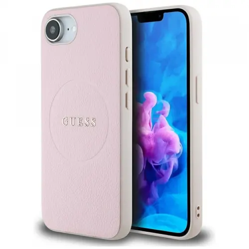 Husa MagSafe pentru Apple iPhone 16e, Guess, Grained Gold Ring, Roz