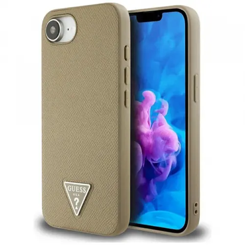 Husa MagSafe pentru Apple iPhone 16e, Guess, Grained Triangle Logo, Maro