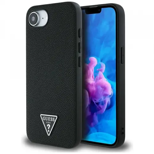 Husa MagSafe pentru Apple iPhone 16e, Guess, Grained Triangle Logo, Neagra