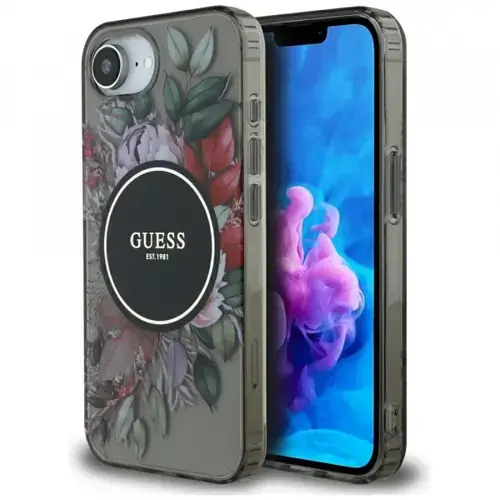 Husa MagSafe pentru Apple iPhone 16e, Guess, IML Flowers, Neagra