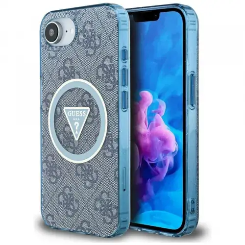 Husa MagSafe pentru Apple iPhone 16e, Guess, IML Glitter 4G Circle Triangle, Albastra