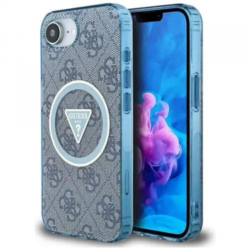 Husa MagSafe pentru Apple iPhone 16e, Guess, IML Glitter 4G Circle Triangle, Albastra