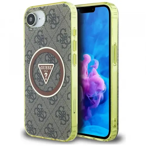 Husa MagSafe pentru Apple iPhone 16e, Guess, IML Glitter 4G Circle Triangle, Maro