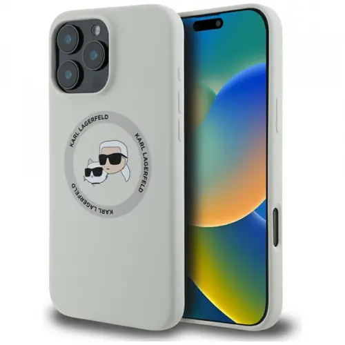 Husa MagSafe pentru Apple iPhone 16 Pro, Karl Lagerfeld, Silicone Karl & Choupette's Heads, Bej