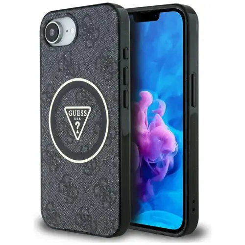 Husa MagSafe pentru Apple iPhone 16e, Guess, IML Glitter 4G Circle Triangle, Neagra