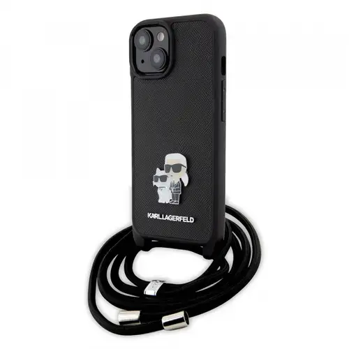 Husa pentru Apple iPhone 15 Plus, Karl Lagerfeld, Saffiano Crossbody Metal Pin Karl & Choupette, Neagra