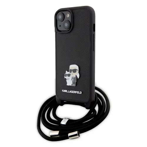 Husa pentru Apple iPhone 15 Plus, Karl Lagerfeld, Saffiano Crossbody Metal Pin Karl & Choupette, Neagra
