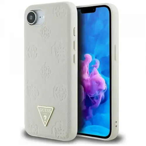 Husa MagSafe pentru Apple iPhone 16e, Guess, Peony Grained Hot Stamp Triangle, Bej