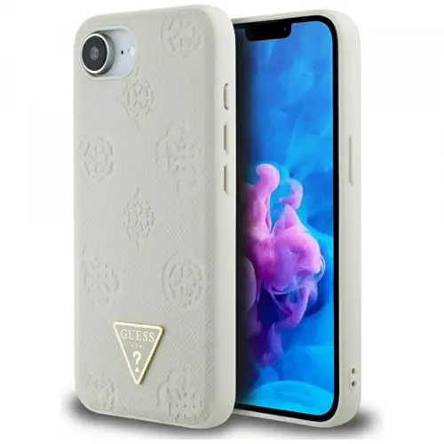 Husa MagSafe pentru Apple iPhone 16e, Guess, Peony Grained Hot Stamp Triangle, Bej