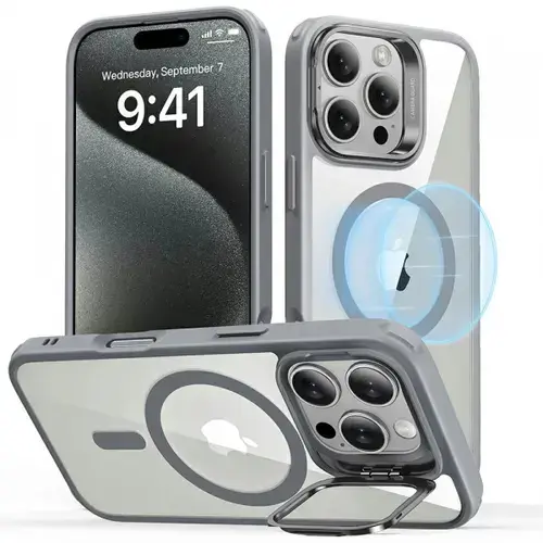 Husa MagSafe pentru Apple iPhone 16 Pro Max, ESR, Classic Hybrid Kickstand, Gri Transparenta