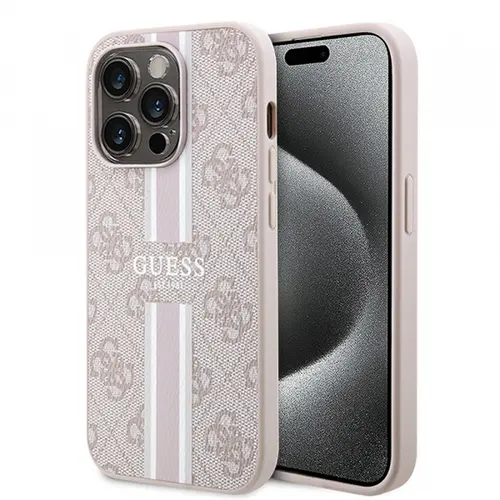 Husa MagSafe pentru Apple iPhone 15 Pro, Guess, 4G Printed Stripes, Roz