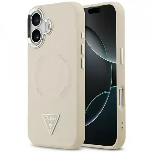 Husa MagSafe pentru Apple iPhone 17, Guess, Triangle Logo, Bej Argintie