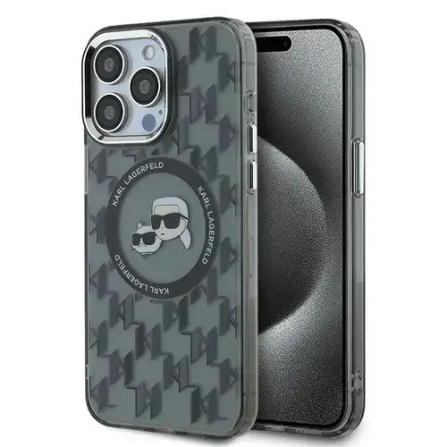 Husa MagSafe pentru Apple iPhone 15 Pro, Karl Lagerfeld, IML Monogram Karl & Choupette's Heads, Neagra