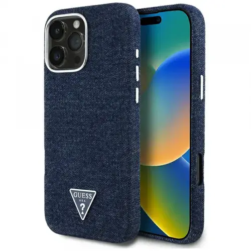 Husa MagSafe pentru Apple iPhone 16 Pro Max, Guess, Denim Triangle Logo, Albastra