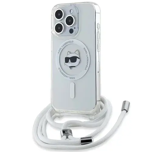 Husa MagSafe pentru Apple iPhone 15 Pro, Karl Lagerfeld, IML Crossbody Choupette's Head with Strap, Transparenta