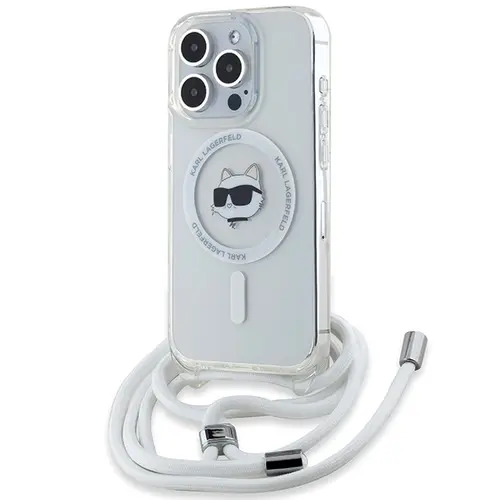 Husa MagSafe pentru Apple iPhone 15 Pro, Karl Lagerfeld, IML Crossbody Choupette's Head with Strap, Transparenta