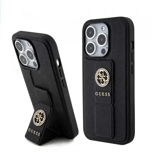 Husa pentru Apple iPhone 15 Pro Max, Guess, Grip Stand 4G Saffiano Strass, Neagra
