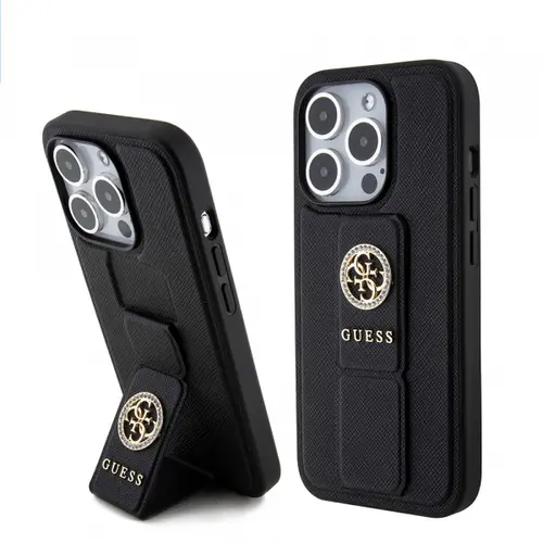 Husa pentru Apple iPhone 15 Pro Max, Guess, Grip Stand 4G Saffiano Strass, Neagra