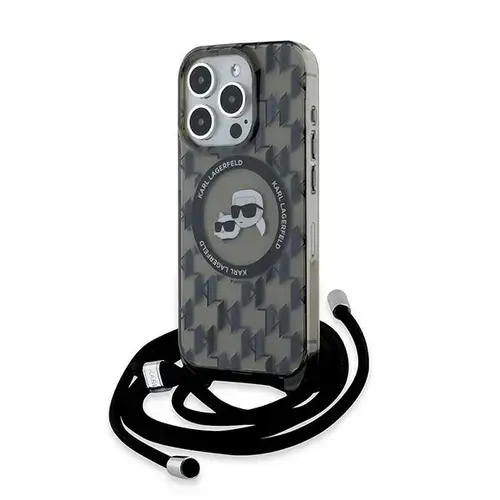 Husa MagSafe pentru Apple iPhone 15 Pro, Karl Lagerfeld, IML Crossbody Monogram Karl & Choupette's Heads, Neagra