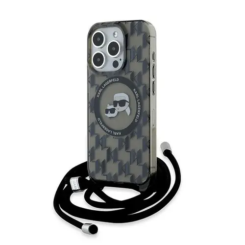 Husa MagSafe pentru Apple iPhone 15 Pro, Karl Lagerfeld, IML Crossbody Monogram Karl & Choupette's Heads, Neagra
