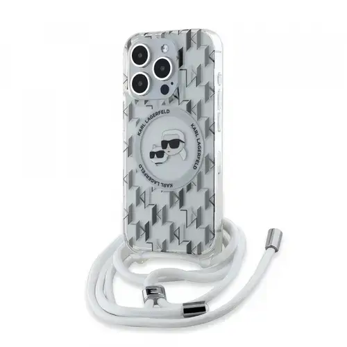 Husa MagSafe pentru Apple iPhone 15 Pro, Karl Lagerfeld, IML Crossbody Monogram Karl & Choupette's Heads, Transparenta