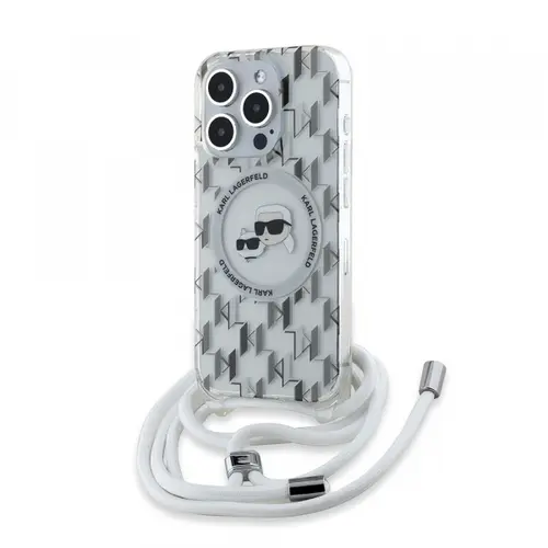Husa MagSafe pentru Apple iPhone 15 Pro, Karl Lagerfeld, IML Crossbody Monogram Karl & Choupette's Heads, Transparenta