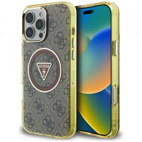Husa MagSafe pentru Apple iPhone 16 Pro Max, Guess, IML Glitter 4G Circle Triangle, Maro