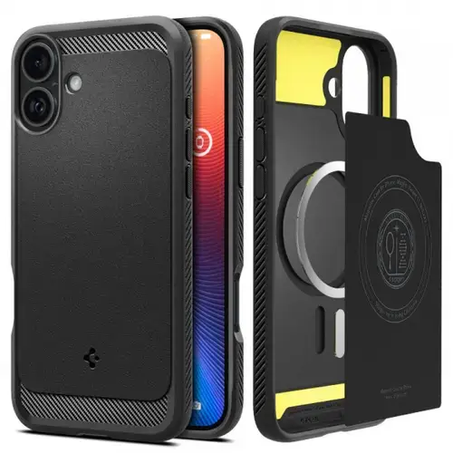 Husa MagSafe pentru Apple iPhone 16, Spigen, Rugged Armor, Neagra Mata