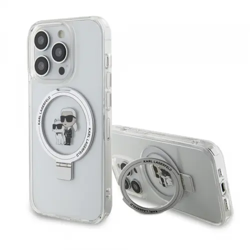 Husa MagSafe pentru Apple iPhone 15 Pro, Karl Lagerfeld, Ring Stand Karl & Choupette, Alba