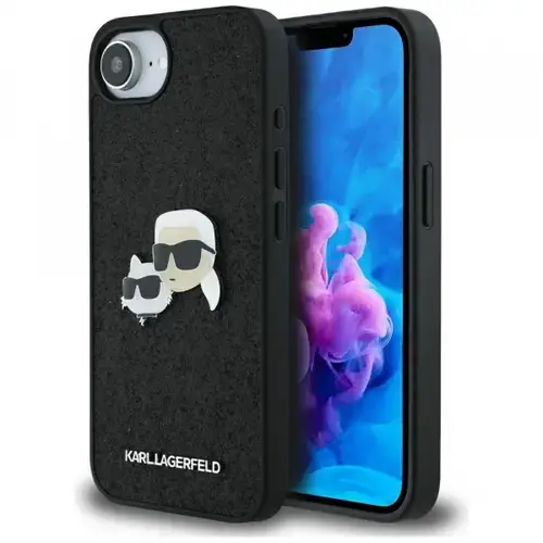 Husa pentru Apple iPhone 16e, Karl Lagerfeld, Glitter Fixed Karl & Choupette's Heads, Neagra