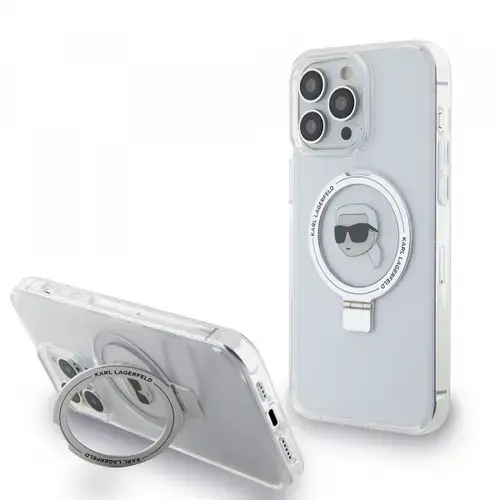 Husa MagSafe pentru Apple iPhone 15 Pro, Karl Lagerfeld, Ring Stand Karl's Head, Alba