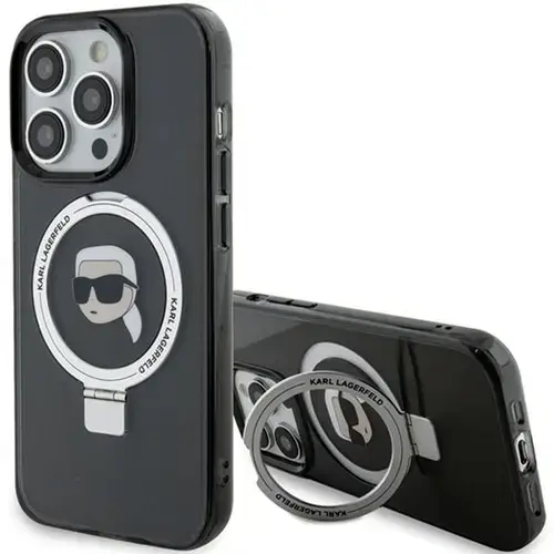 Husa MagSafe pentru Apple iPhone 15 Pro, Karl Lagerfeld, Ring Stand Karl's Head, Neagra