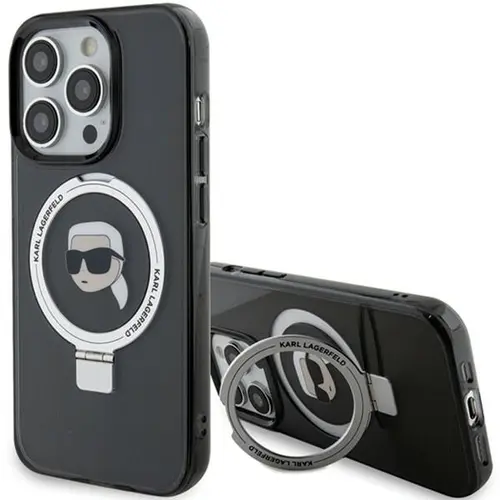 Husa MagSafe pentru Apple iPhone 15 Pro, Karl Lagerfeld, Ring Stand Karl's Head, Neagra
