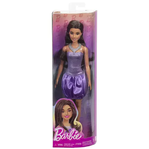 Papusa Barbie Fashionista, Bruneta cu rochie mov si colier