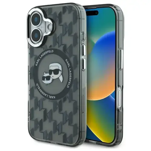 Husa MagSafe pentru Apple iPhone 16, Karl Lagerfeld, IML Monogram Karl & Choupette's Heads, Neagra