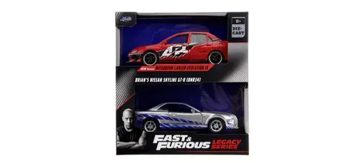 Set 2 Masinute metalice Jada Fast And Furious Mitsubishi Lancer Evolution Ix si Brians Nissan Skyline Gt R, Scara 1 la 32