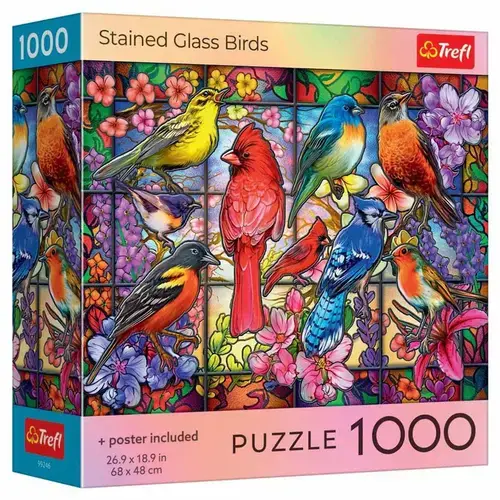 Puzzle Trefl Pasari din vitraliu, cu poster inclus, 1000 de piese