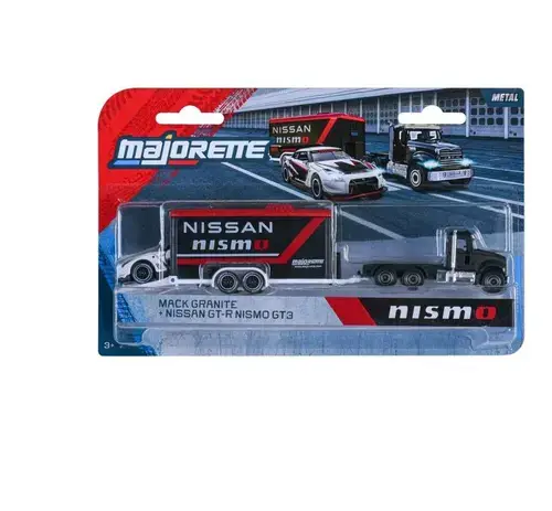 Set remorca de curse Majorette Transporter Deluxe Mack Granite si Masinuta Nissan Gt R Nismo Gt 3