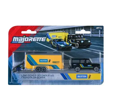 Set remorca de curse Majorette Transporter  Deluxe Land Rover Defender 110 si masinuta Toyota Gr Supra