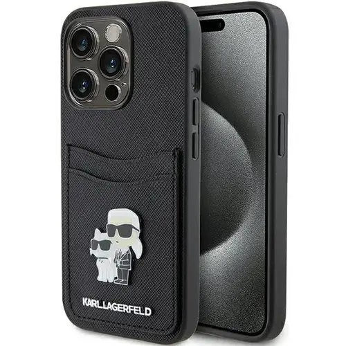 Husa pentru Apple iPhone 15 Pro, Karl Lagerfeld, Saffiano Card Slot Metal Karl and Choupette, Neagra