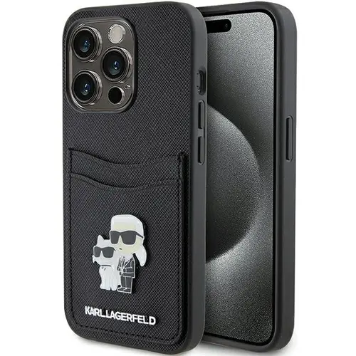 Husa pentru Apple iPhone 15 Pro, Karl Lagerfeld, Saffiano Card Slot Metal Karl and Choupette, Neagra